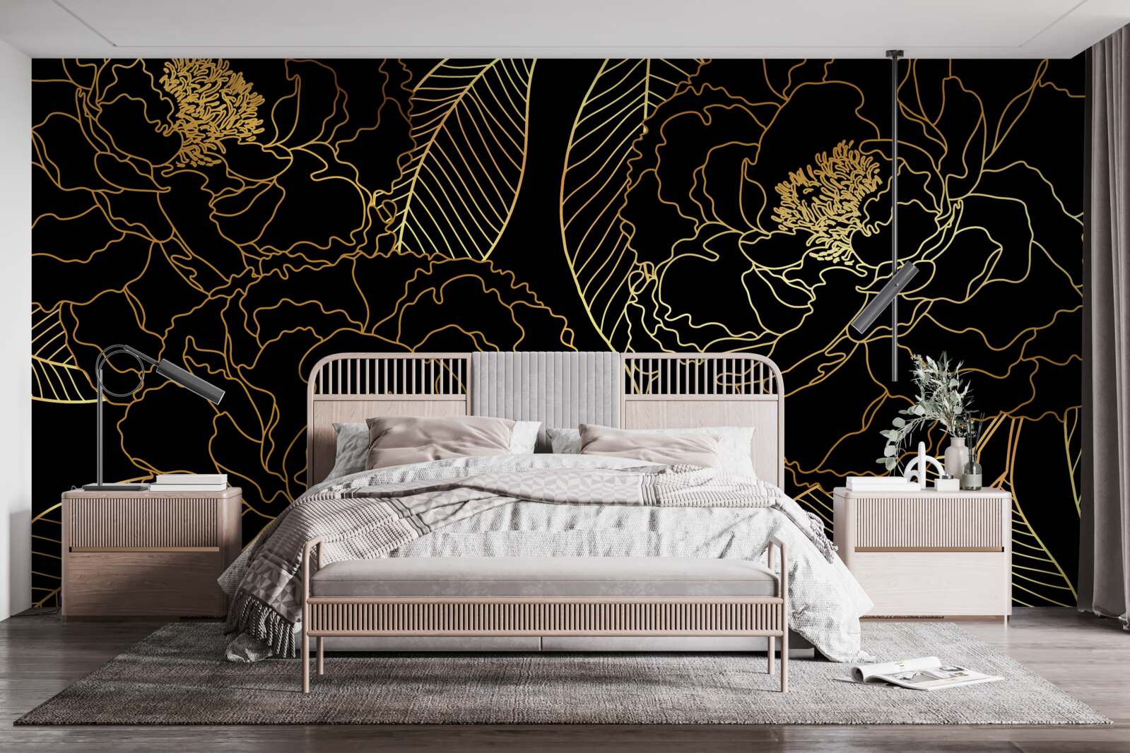 Fototapeta tekstura liści i kwiatów, cieniowana złotem