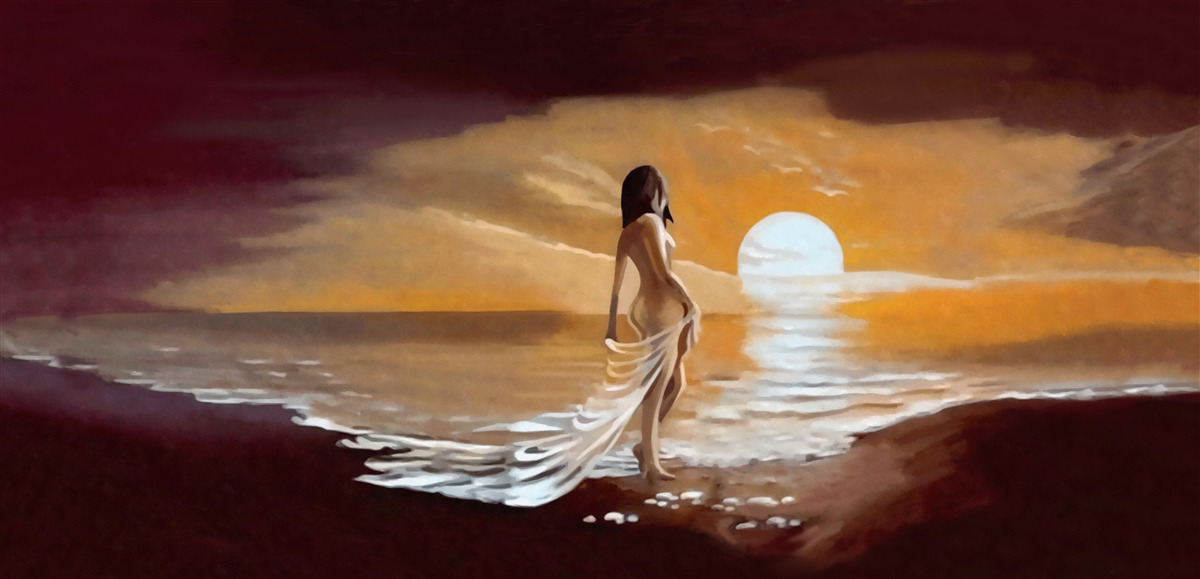 Fototapeta dziewczyna ogląda zachód słońca nad brzegiem morza