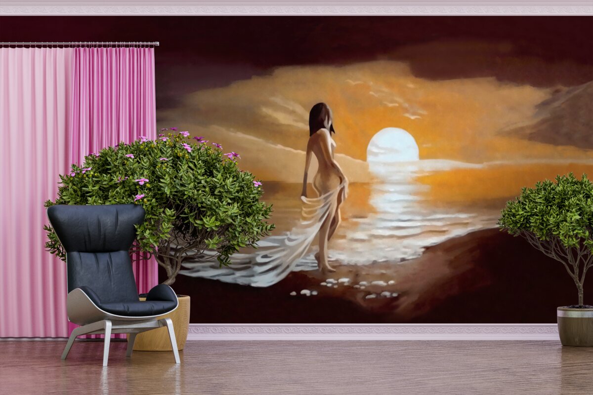 Fototapeta dziewczyna ogląda zachód słońca nad brzegiem morza