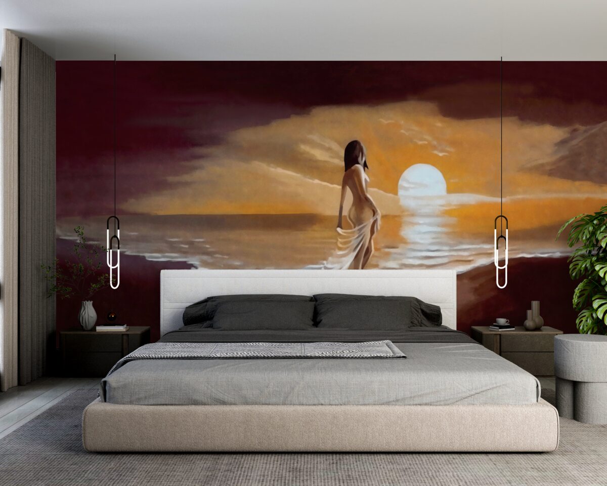 Fototapeta dziewczyna ogląda zachód słońca nad brzegiem morza