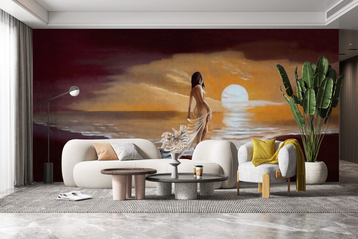 Fototapeta dziewczyna ogląda zachód słońca nad brzegiem morza