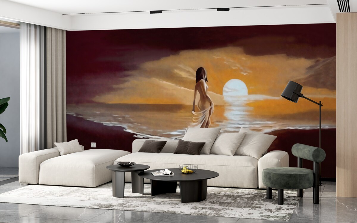 Fototapeta dziewczyna ogląda zachód słońca nad brzegiem morza