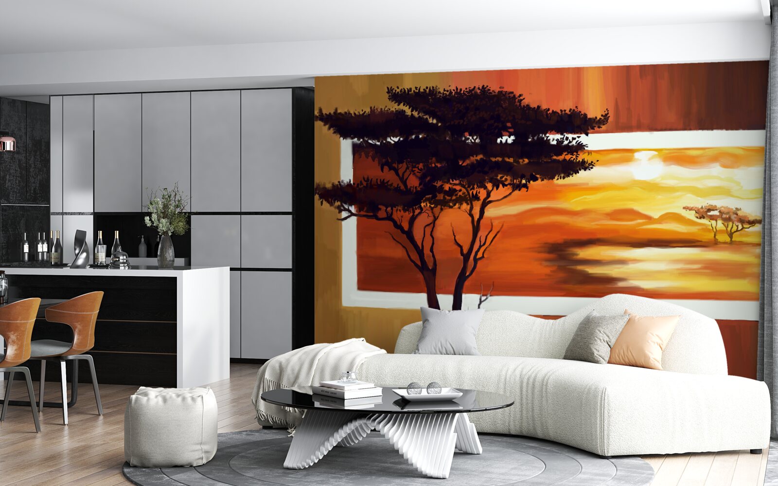 Fototapeta jezioro o zachodzie słońca z bonsai