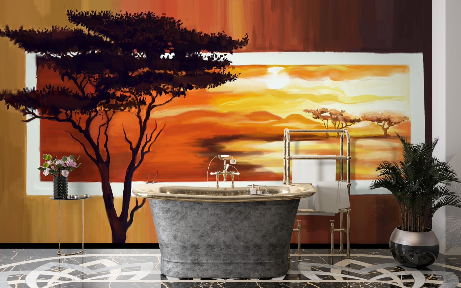 Fototapeta jezioro o zachodzie słońca z bonsai