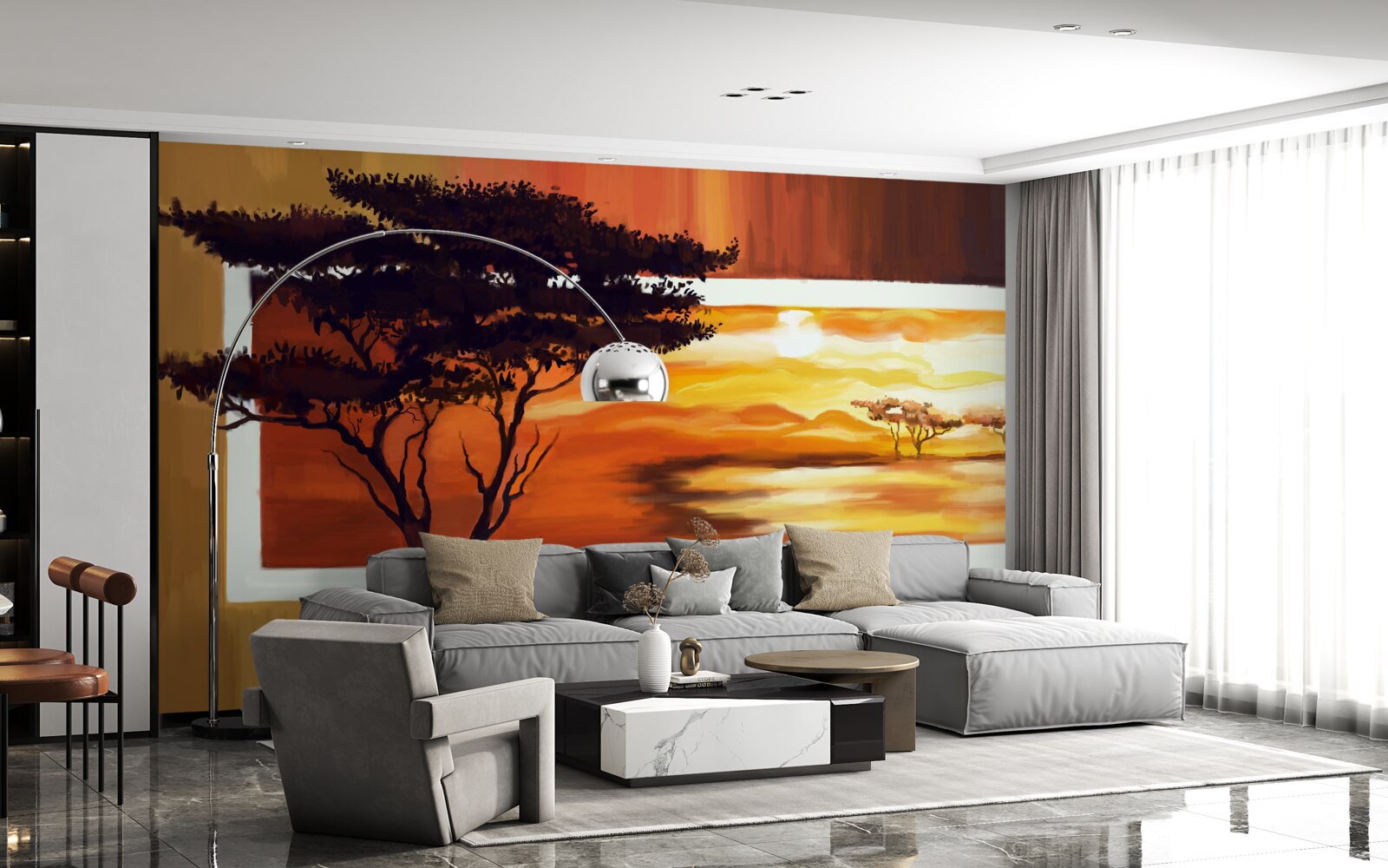 Fototapeta jezioro o zachodzie słońca z bonsai