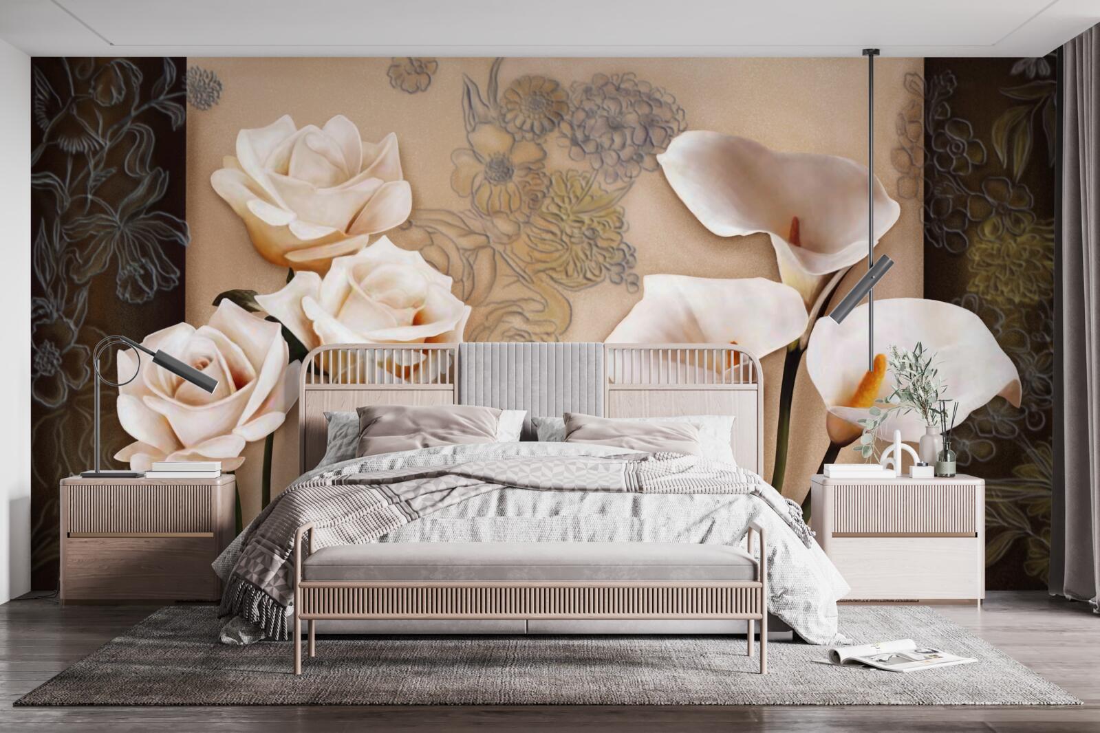 Fototapeta tulipany, kalie i róże w beżowym odcieniu