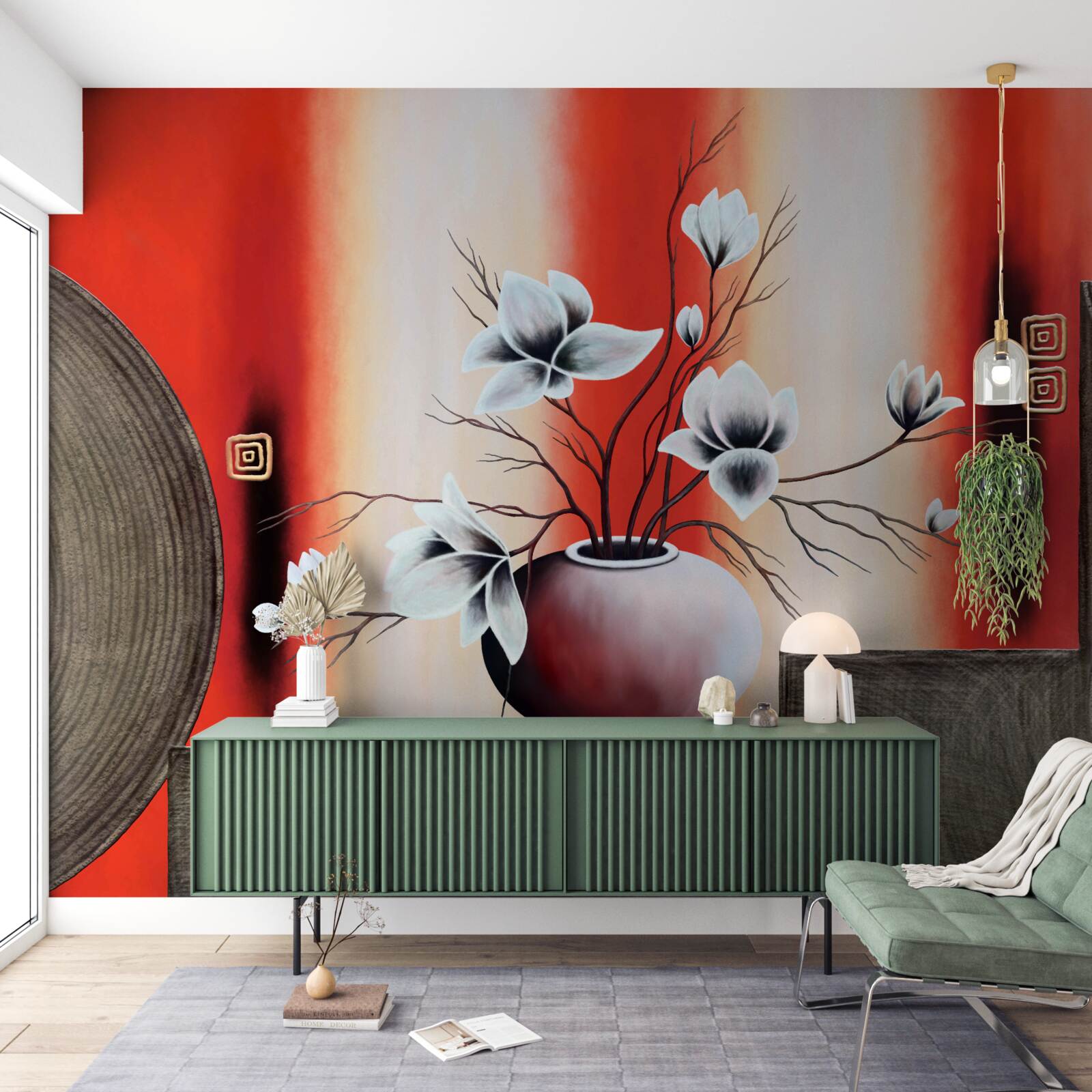 Fototapeta czerwony wazon z delikatnymi białymi kwiatami