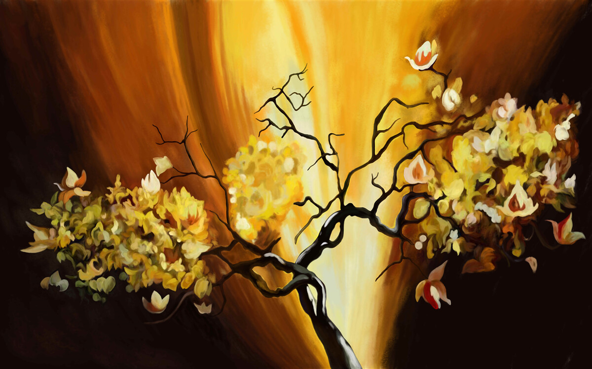 Fototapeta drzewo kwitnące na skraju zachodu słońca