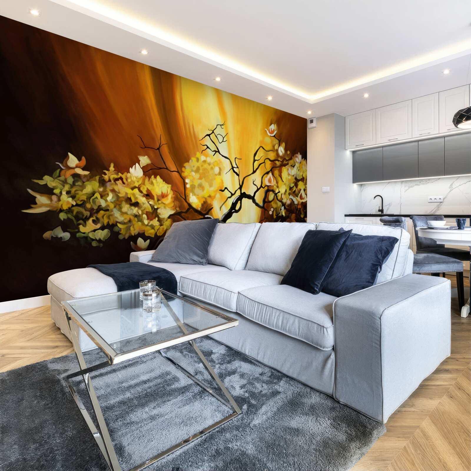 Fototapeta drzewo kwitnące na skraju zachodu słońca