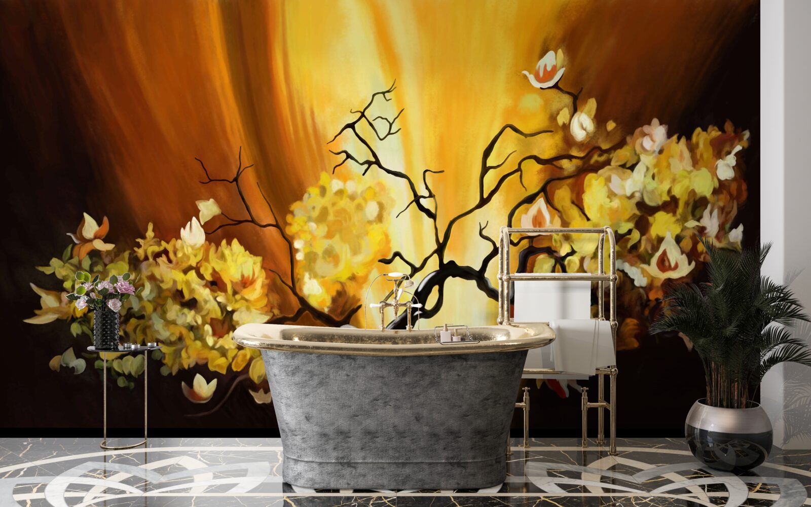 Fototapeta drzewo kwitnące na skraju zachodu słońca