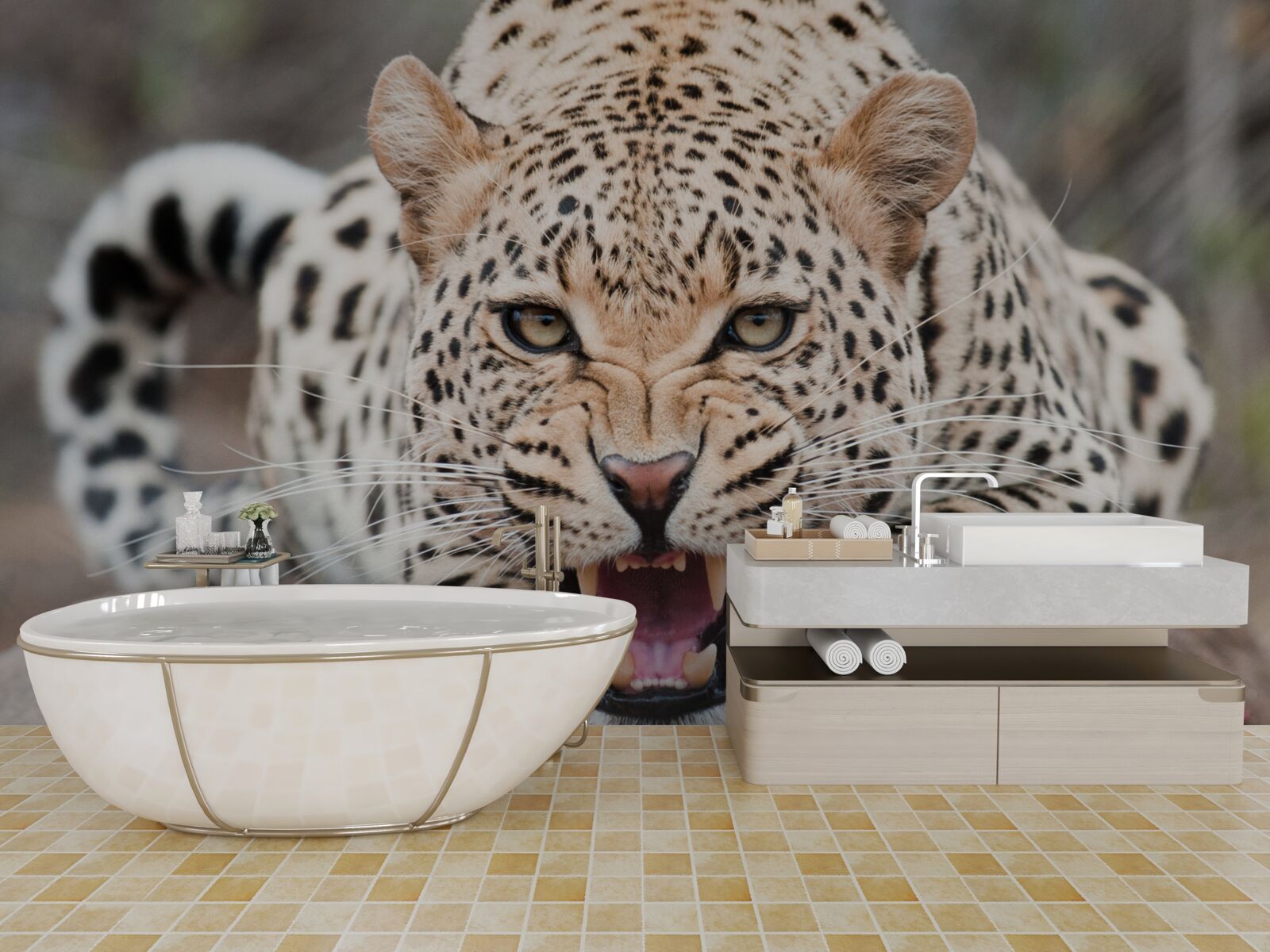 Fototapeta lampart ma zamiar wykonać skok