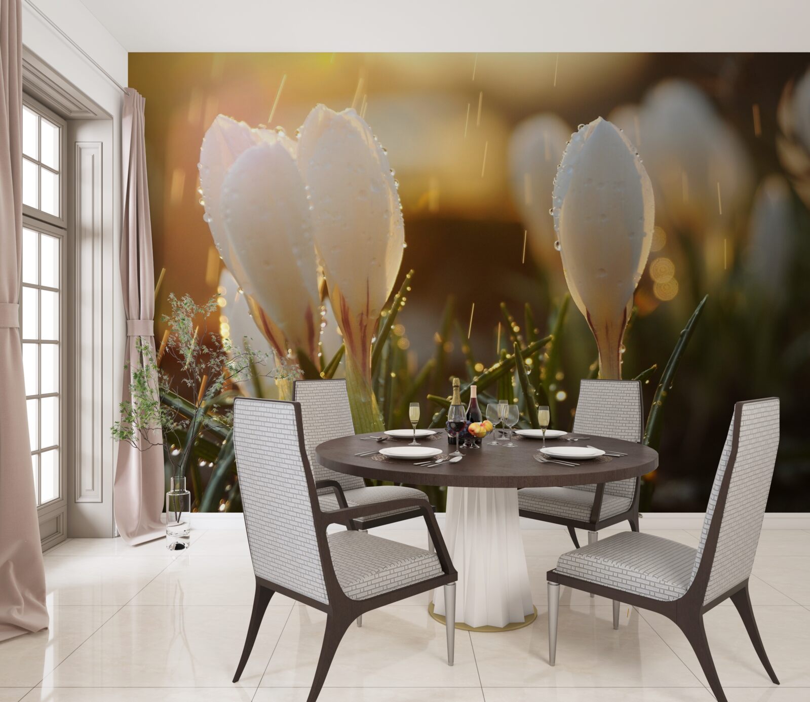 Fototapeta kwiaty w śnieżnobiałej rosie