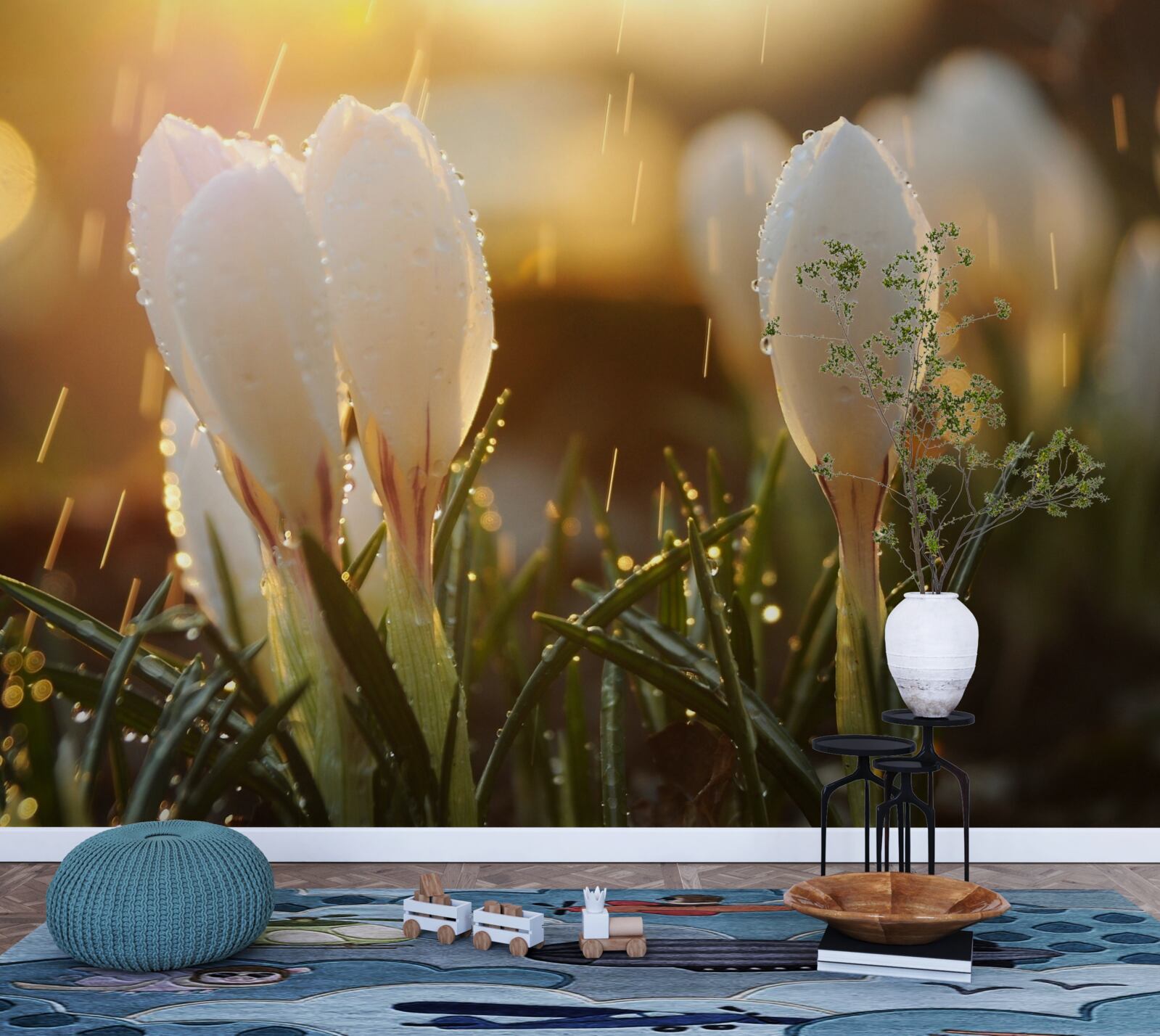 Fototapeta kwiaty w śnieżnobiałej rosie