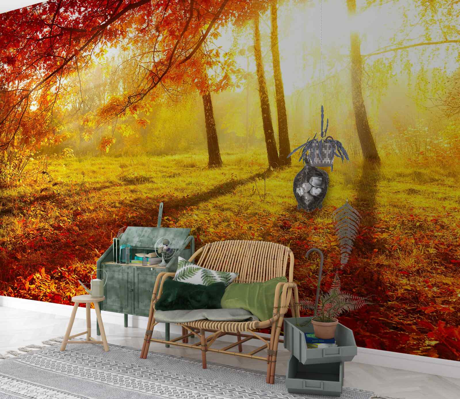 Fototapeta zimne promienie słońca przebijają się przez jesienną mgłę