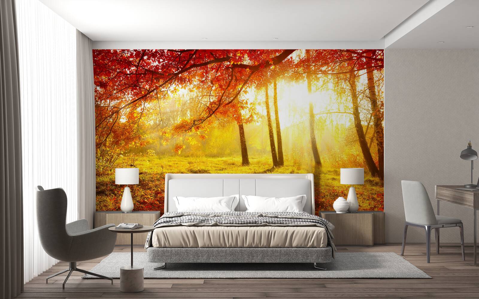 Fototapeta zimne promienie słońca przebijają się przez jesienną mgłę