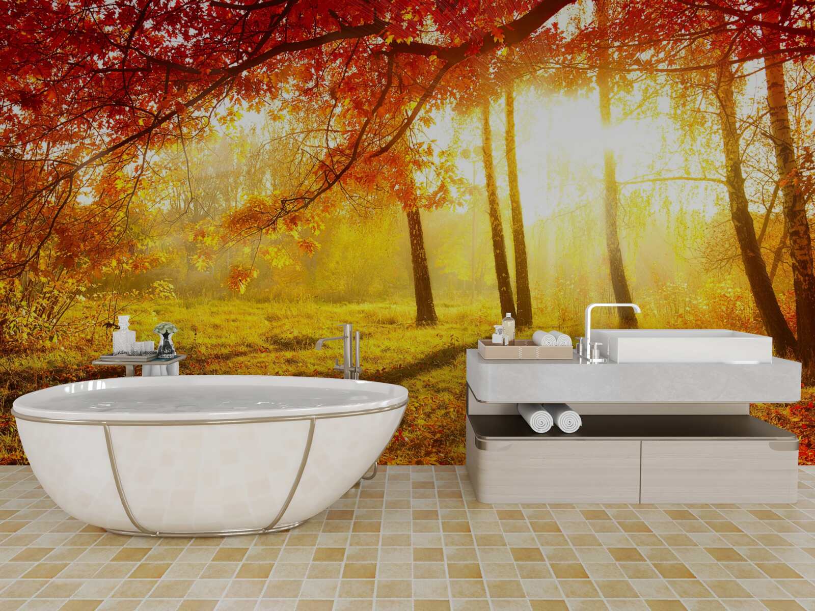 Fototapeta zimne promienie słońca przebijają się przez jesienną mgłę