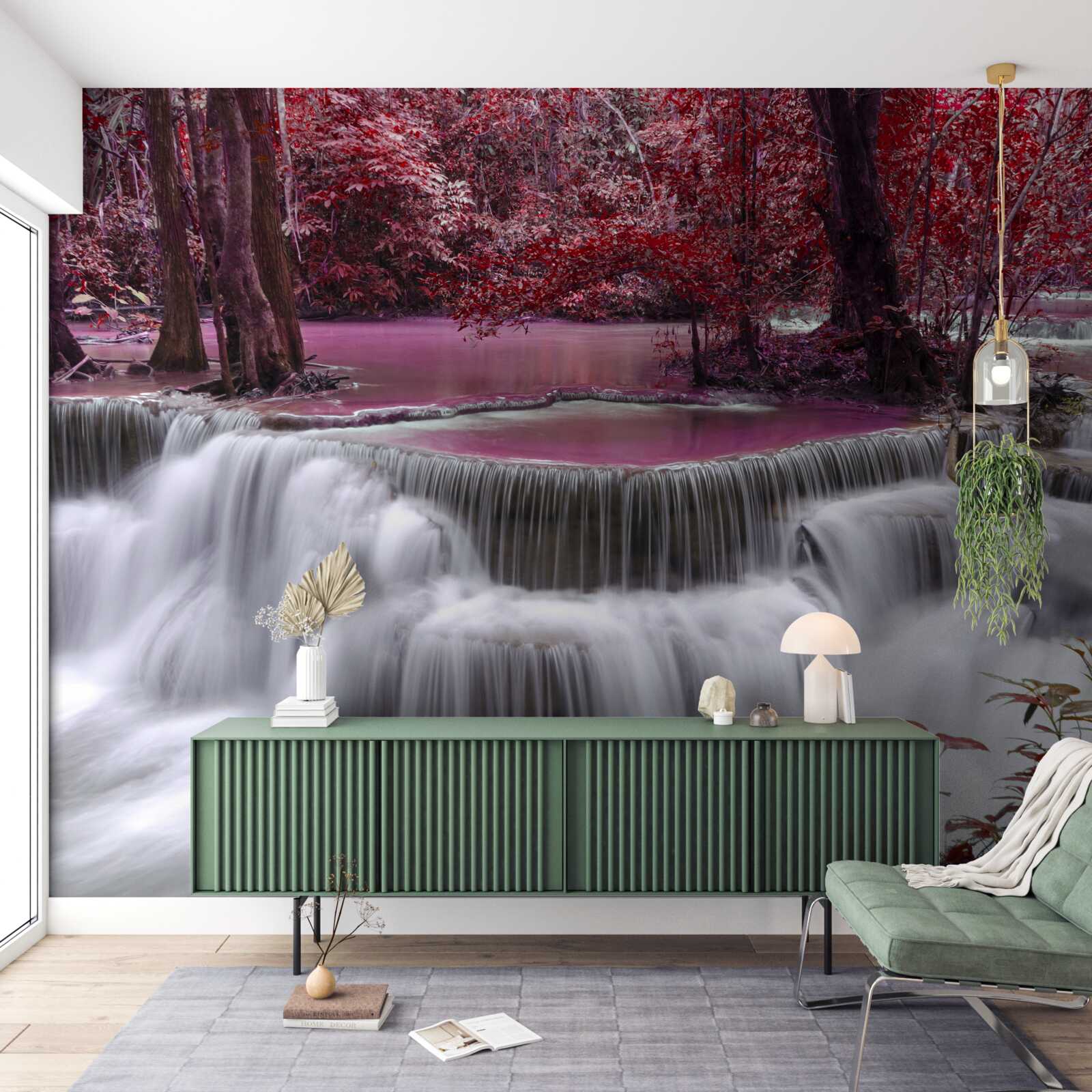 Fototapeta jesienny wodospad w lesie w czerwonych kolorach