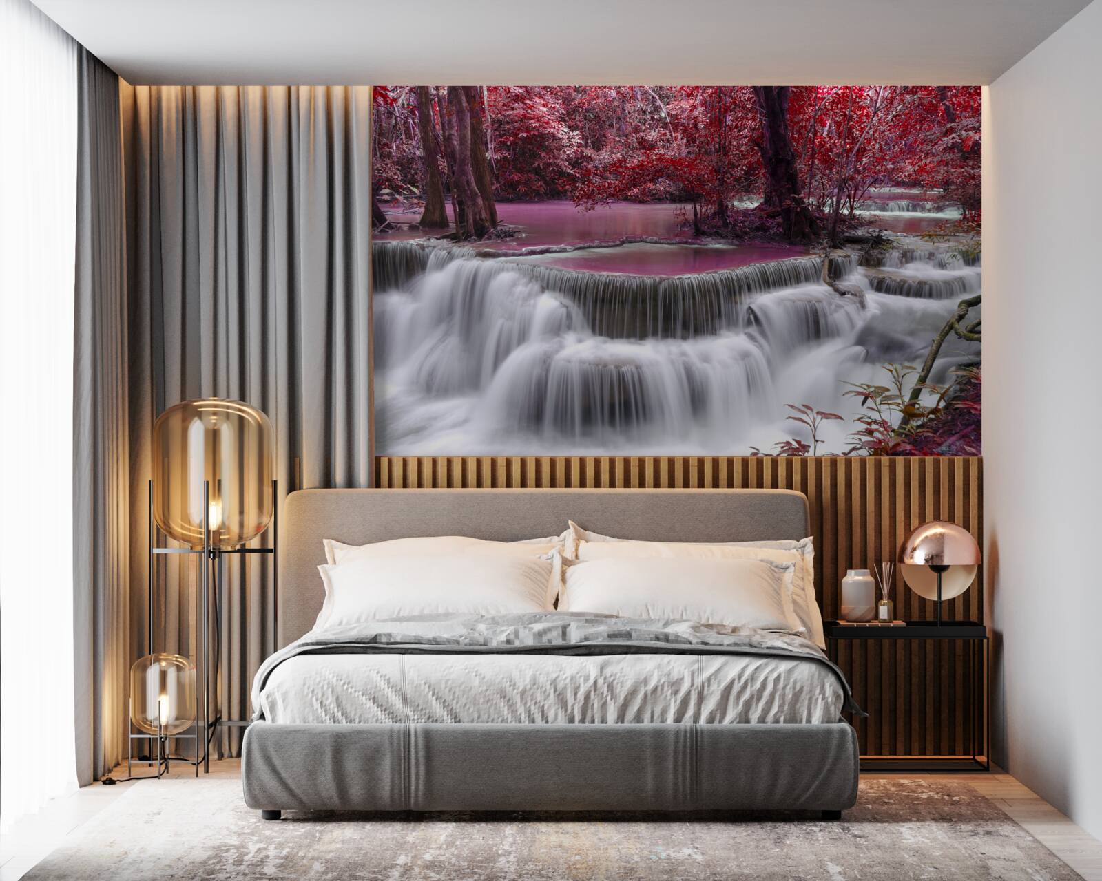 Fototapeta jesienny wodospad w lesie w czerwonych kolorach