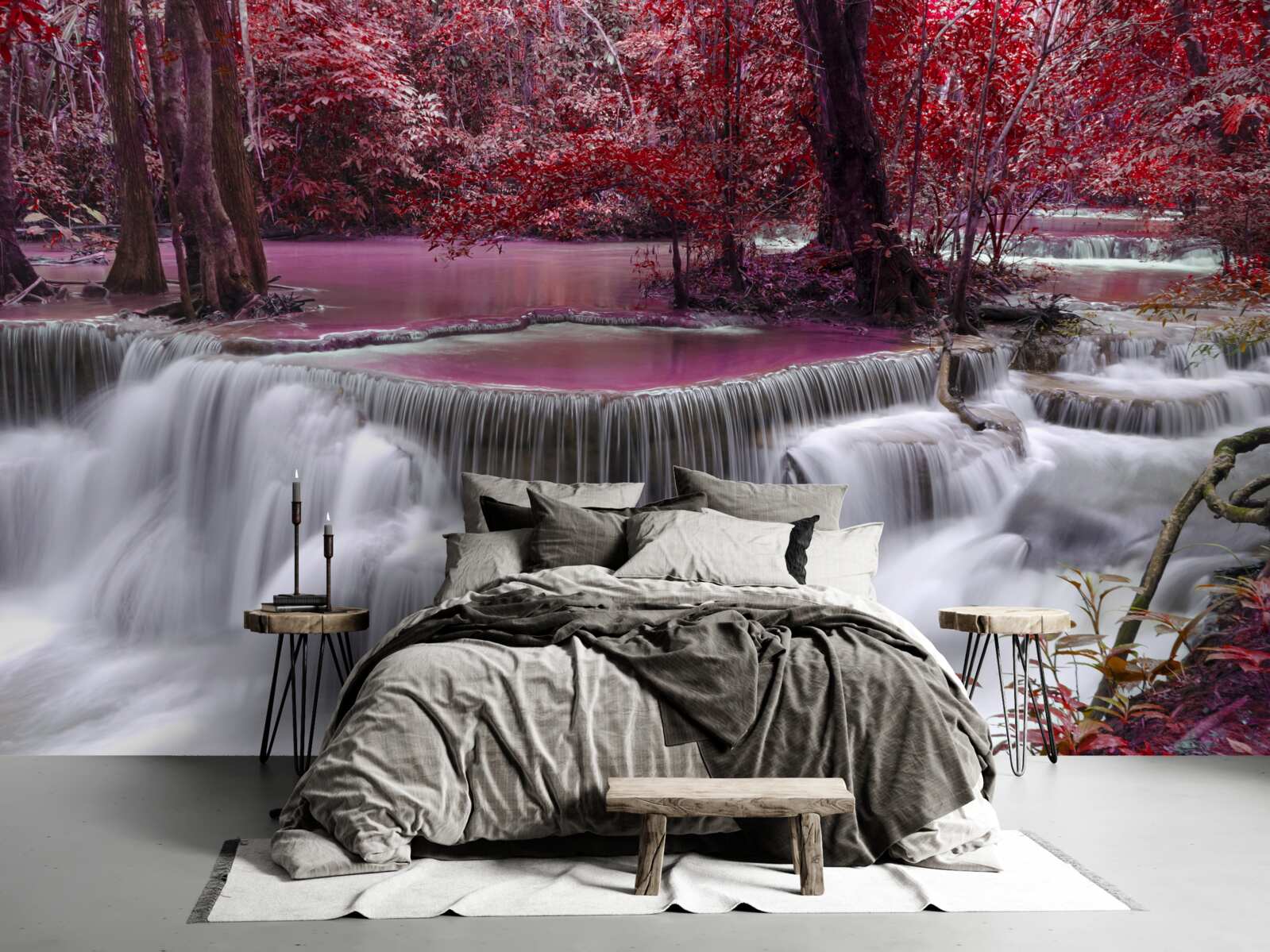 Fototapeta jesienny wodospad w lesie w czerwonych kolorach