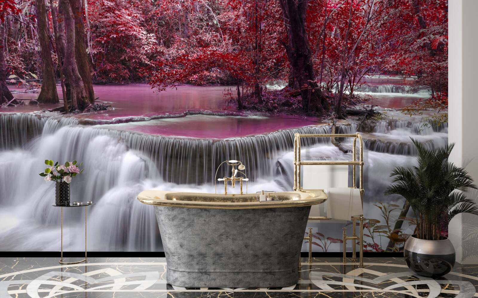 Fototapeta jesienny wodospad w lesie w czerwonych kolorach