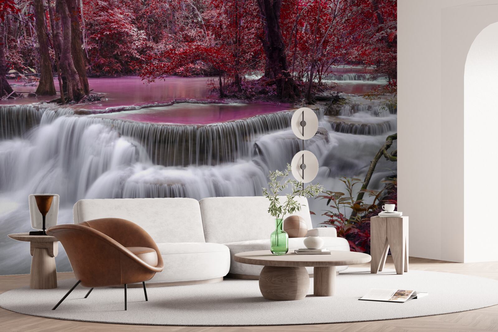 Fototapeta jesienny wodospad w lesie w czerwonych kolorach