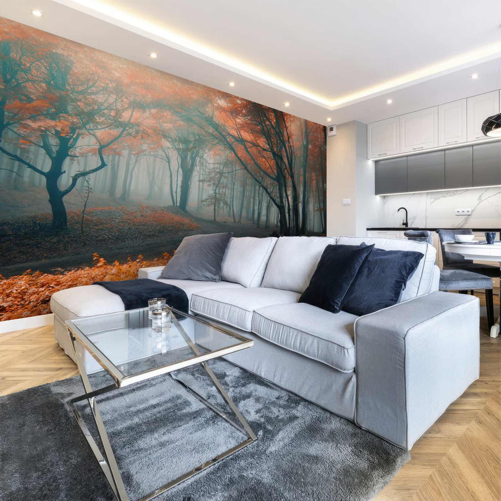 Fototapeta Ścieżka przez jesienny las spowity mgłą