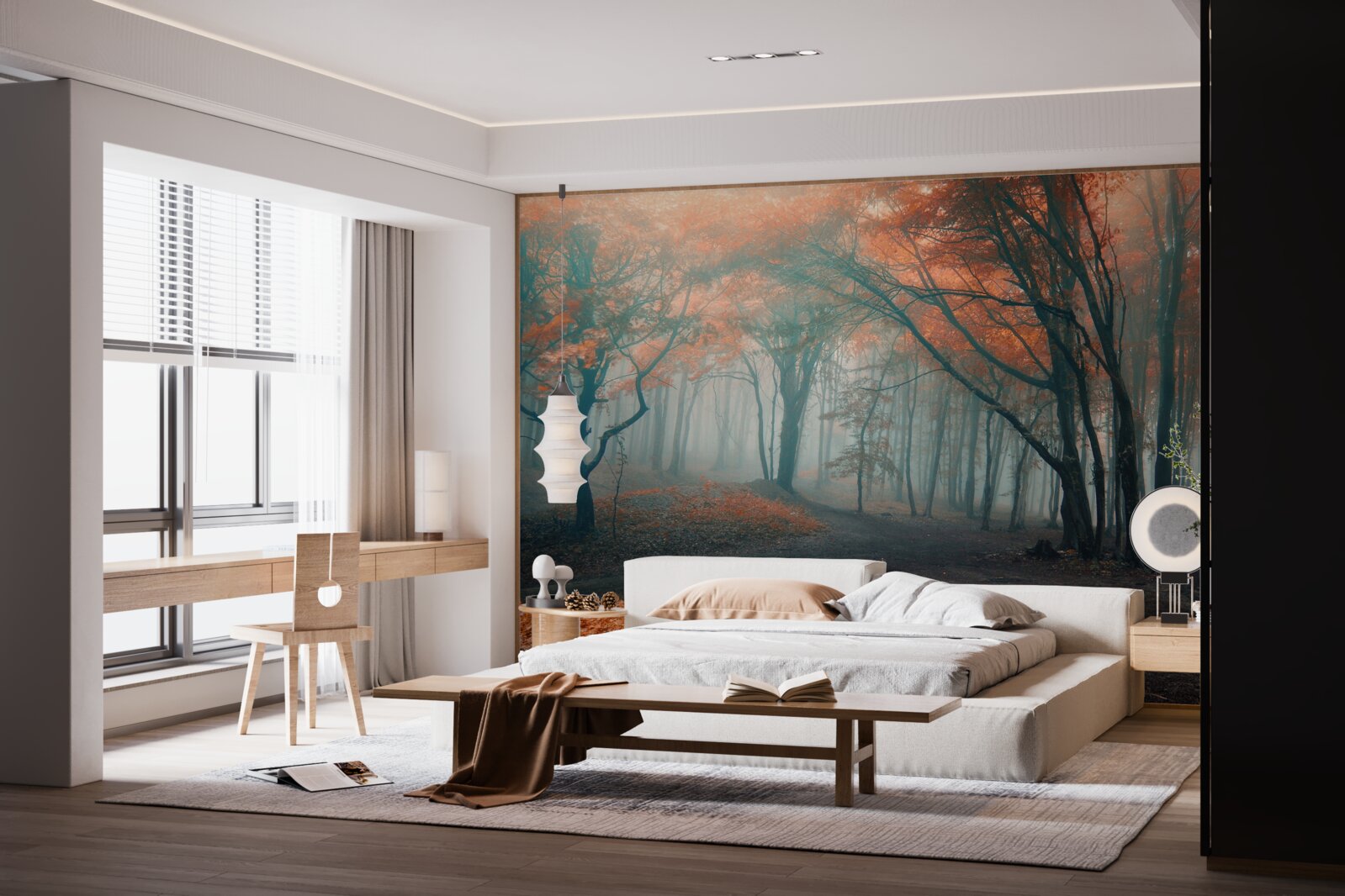 Fototapeta Ścieżka przez jesienny las spowity mgłą