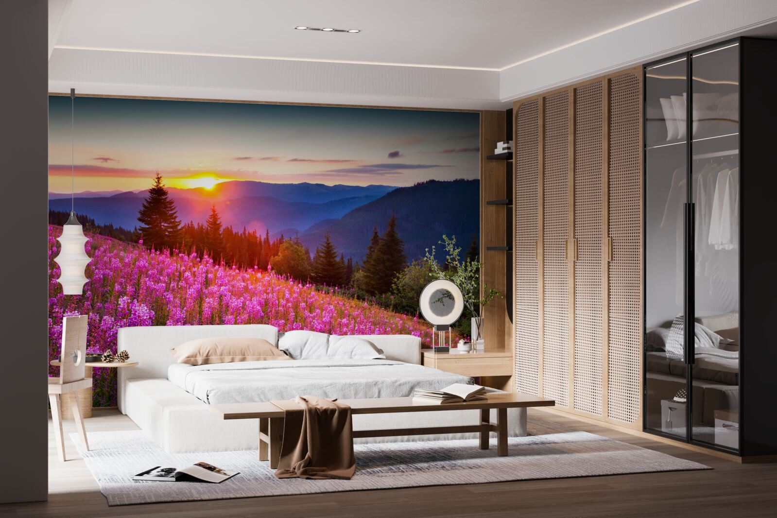 Fototapeta zakon nad kwitnącą górską łąką