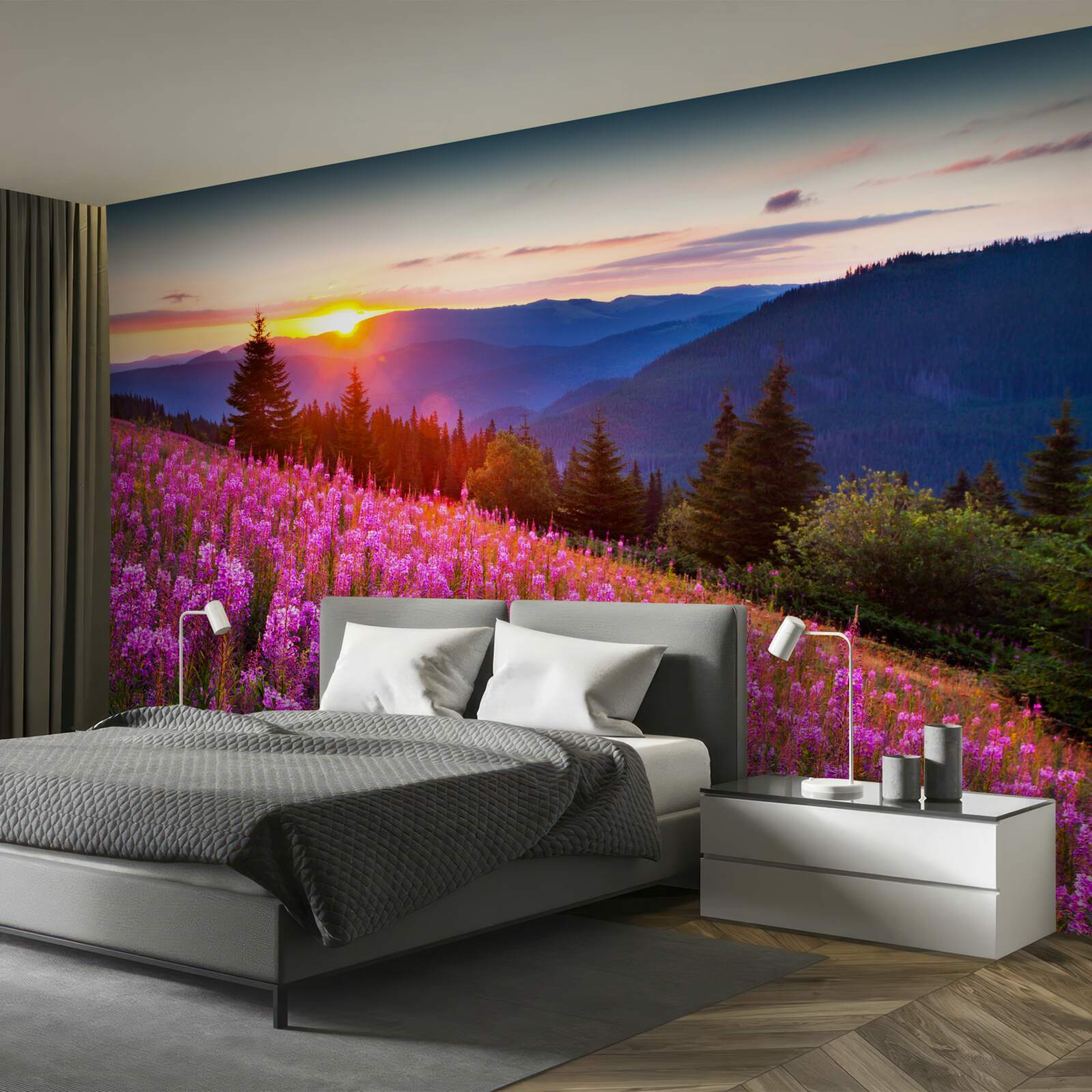 Fototapeta zakon nad kwitnącą górską łąką