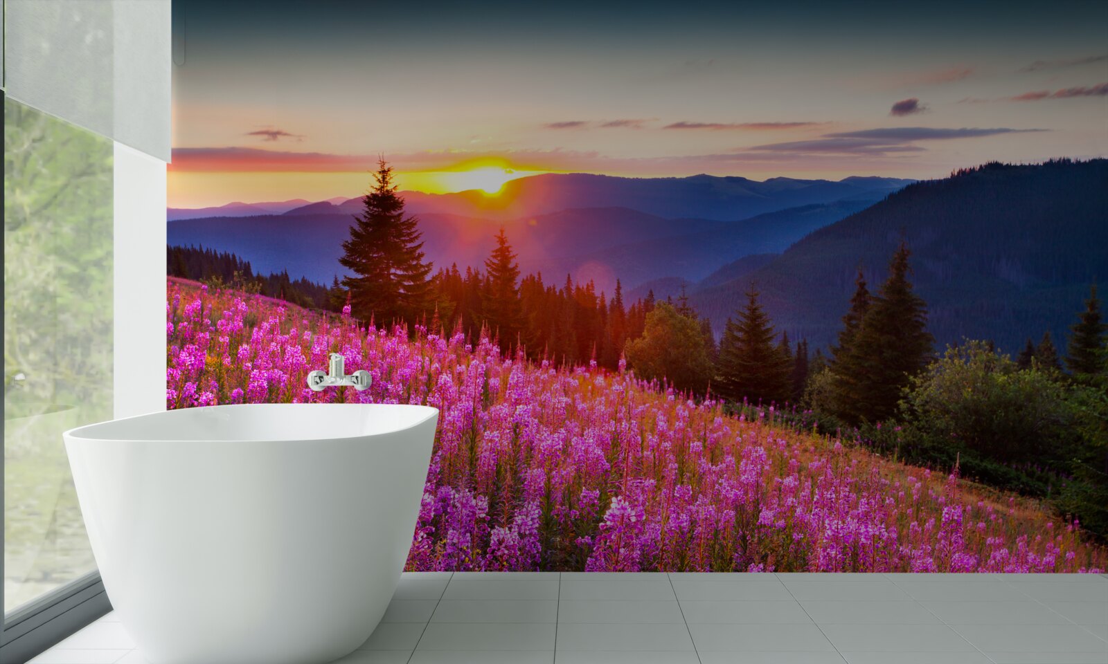 Fototapeta zakon nad kwitnącą górską łąką