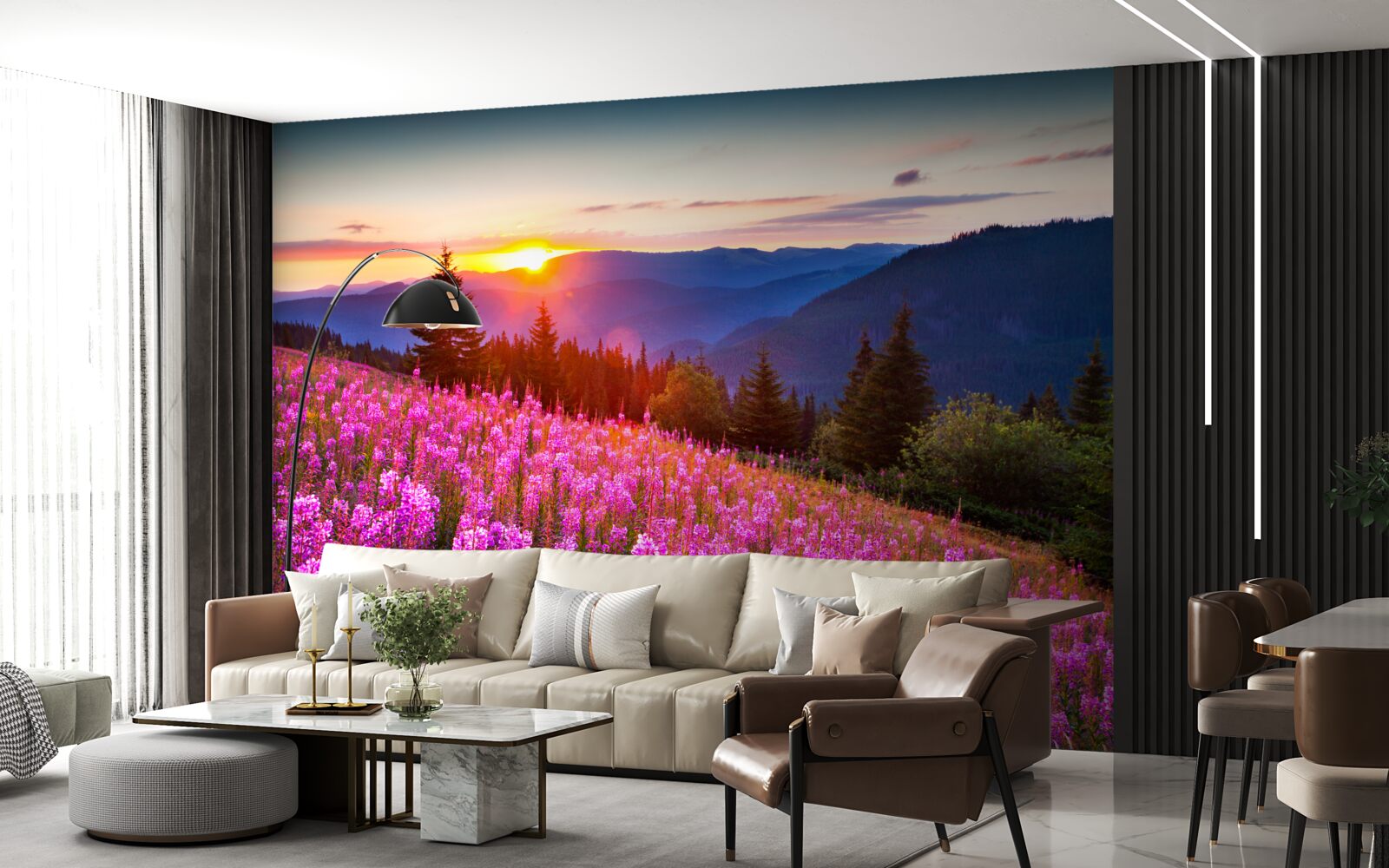 Fototapeta zakon nad kwitnącą górską łąką