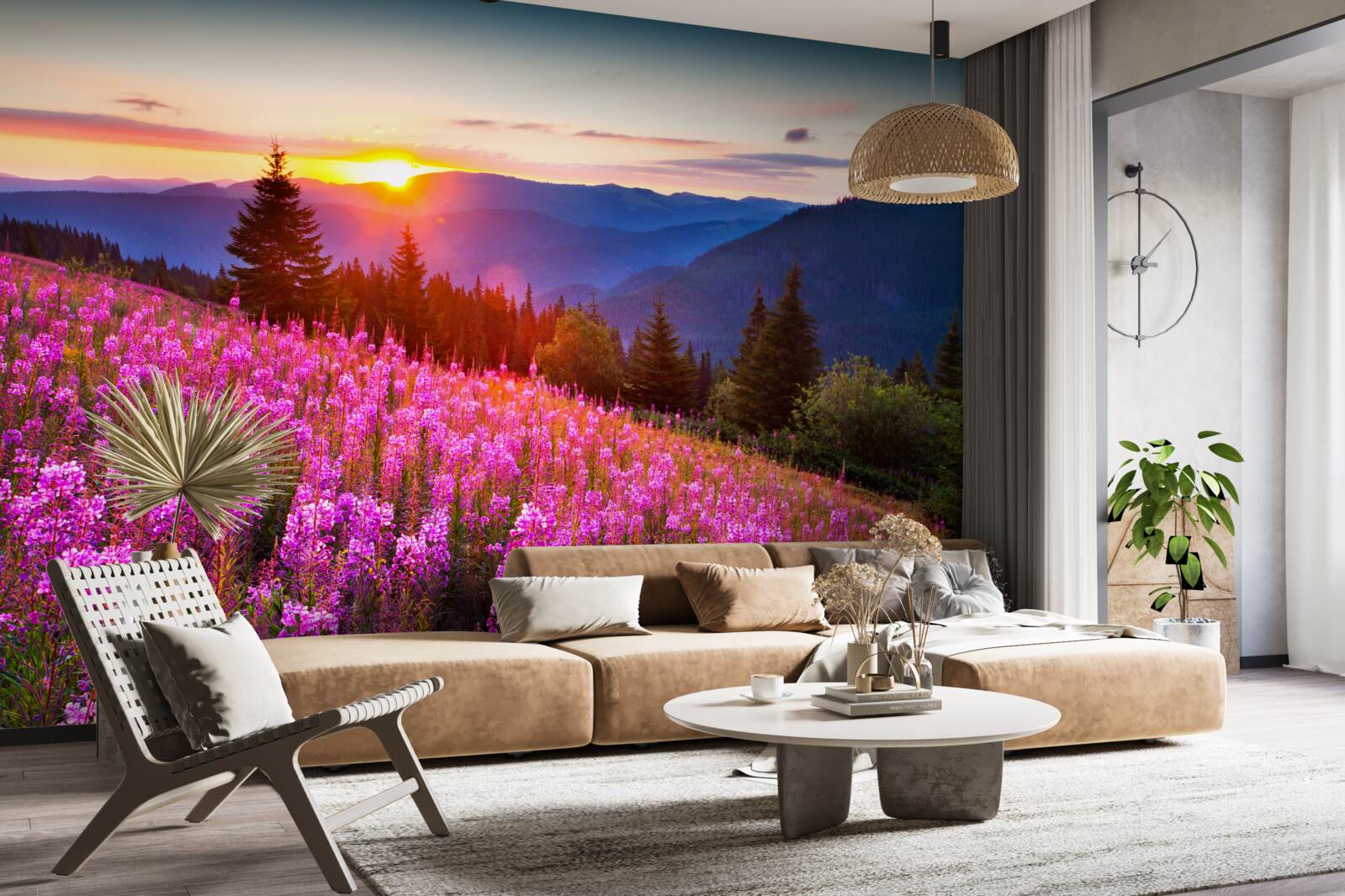 Fototapeta zakon nad kwitnącą górską łąką