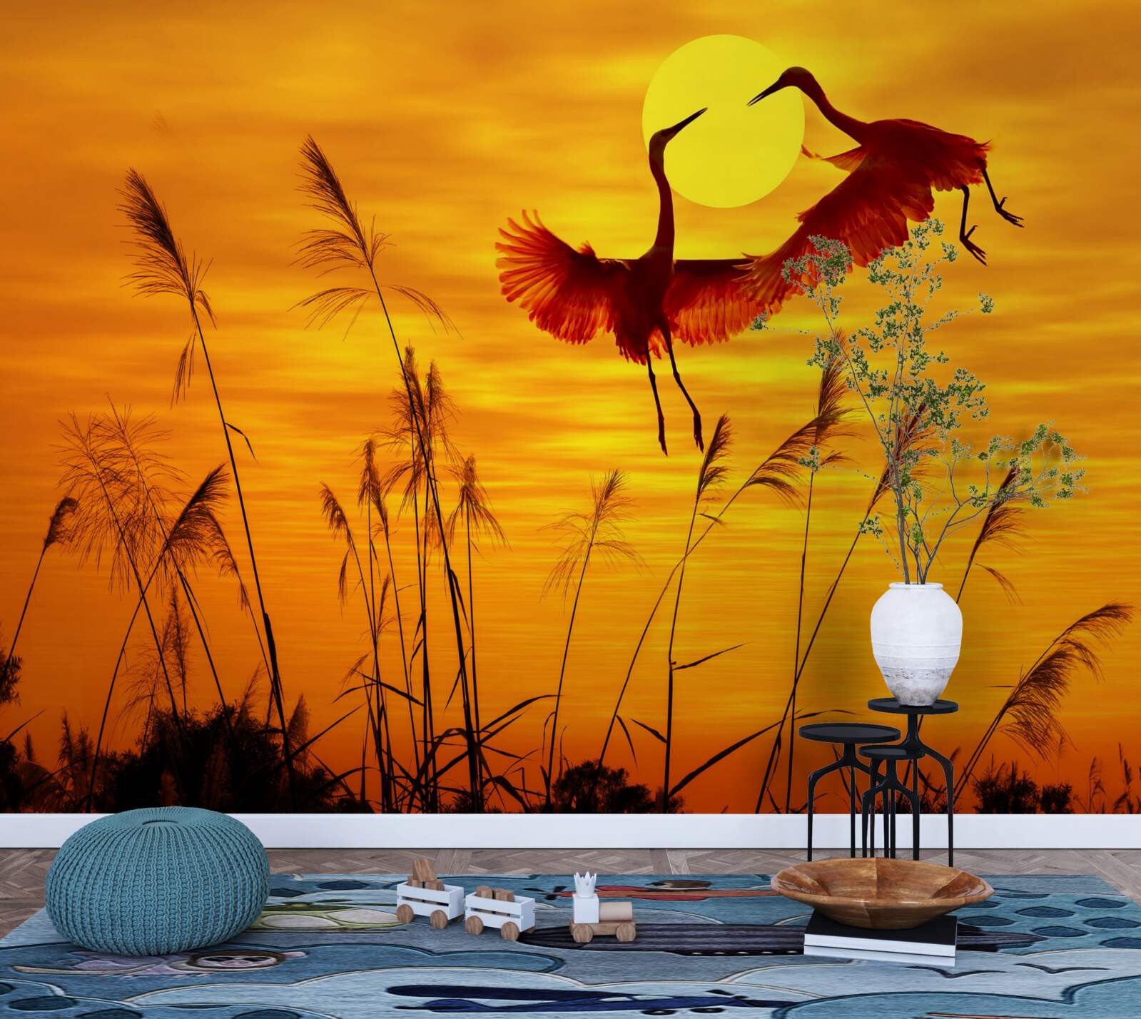 Fototapeta zachodowi słońca towarzyszy stado żurawi