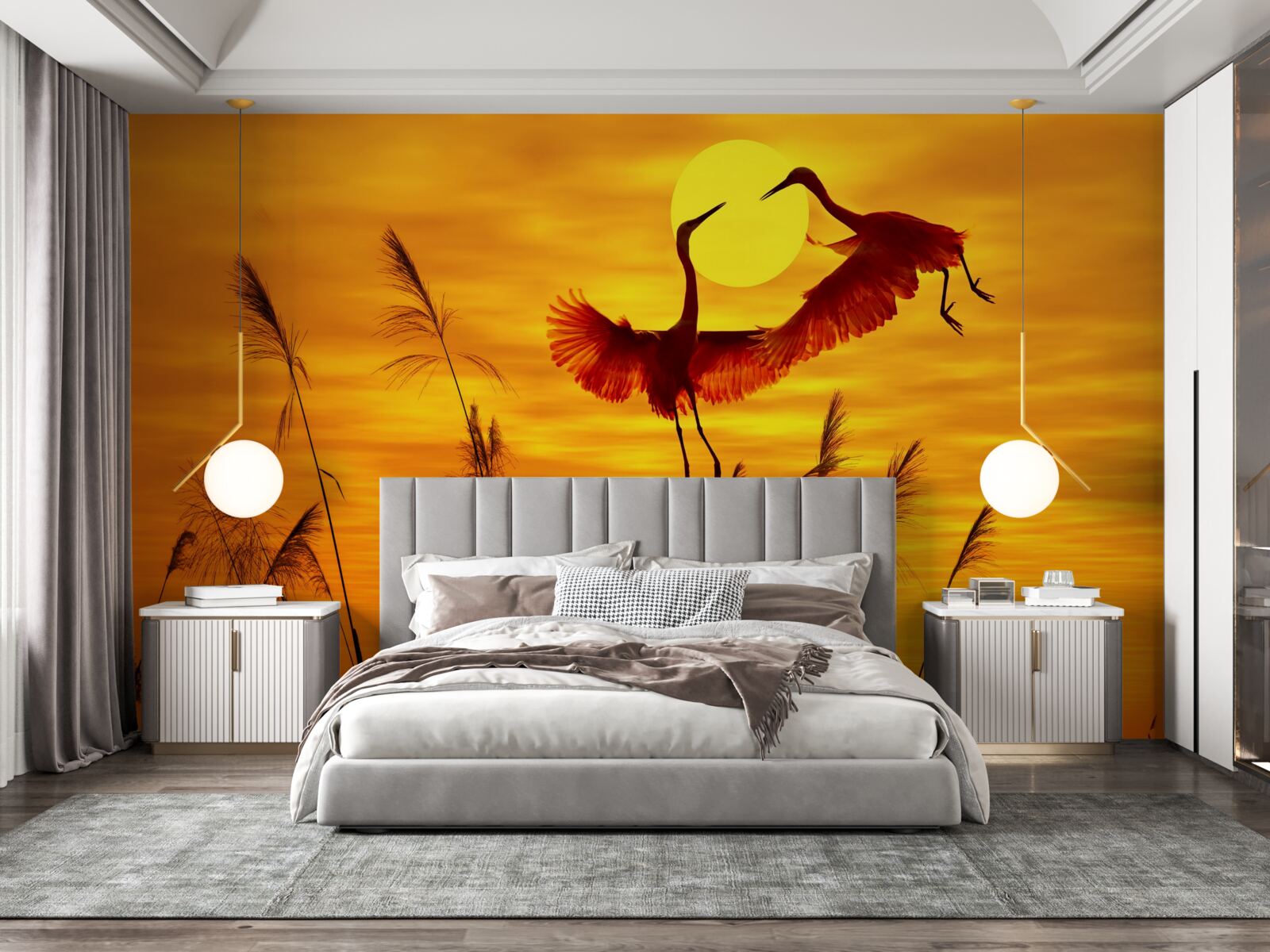 Fototapeta zachodowi słońca towarzyszy stado żurawi