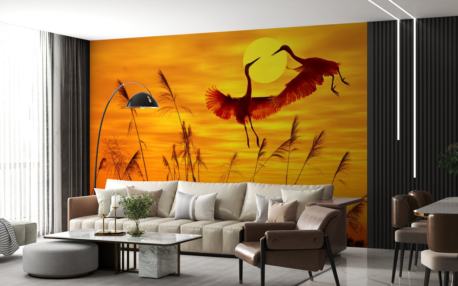 Fototapeta zachodowi słońca towarzyszy stado żurawi