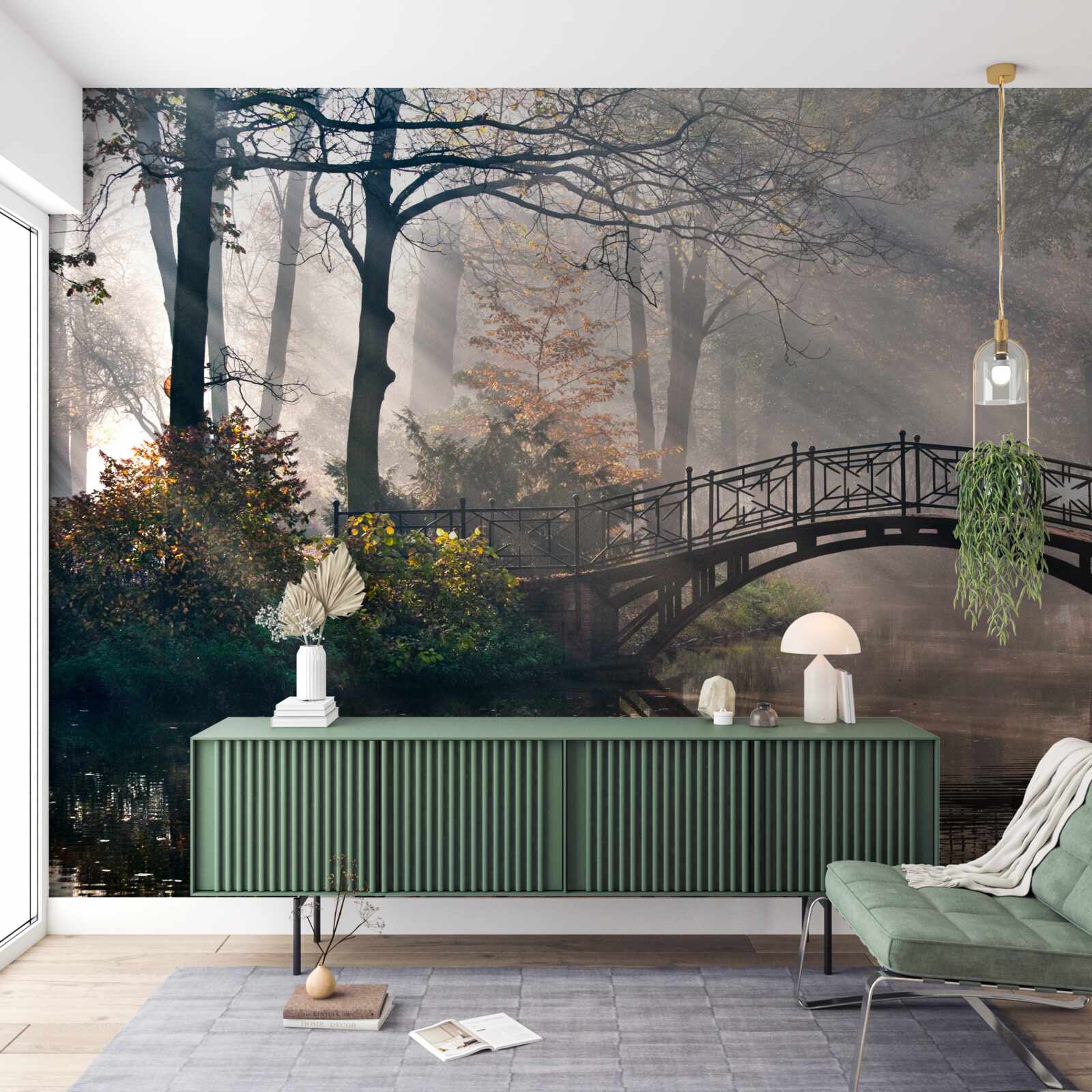 Fototapeta mglisty leśny most rozciągający się nad jeziorem jest wykonany z drewna