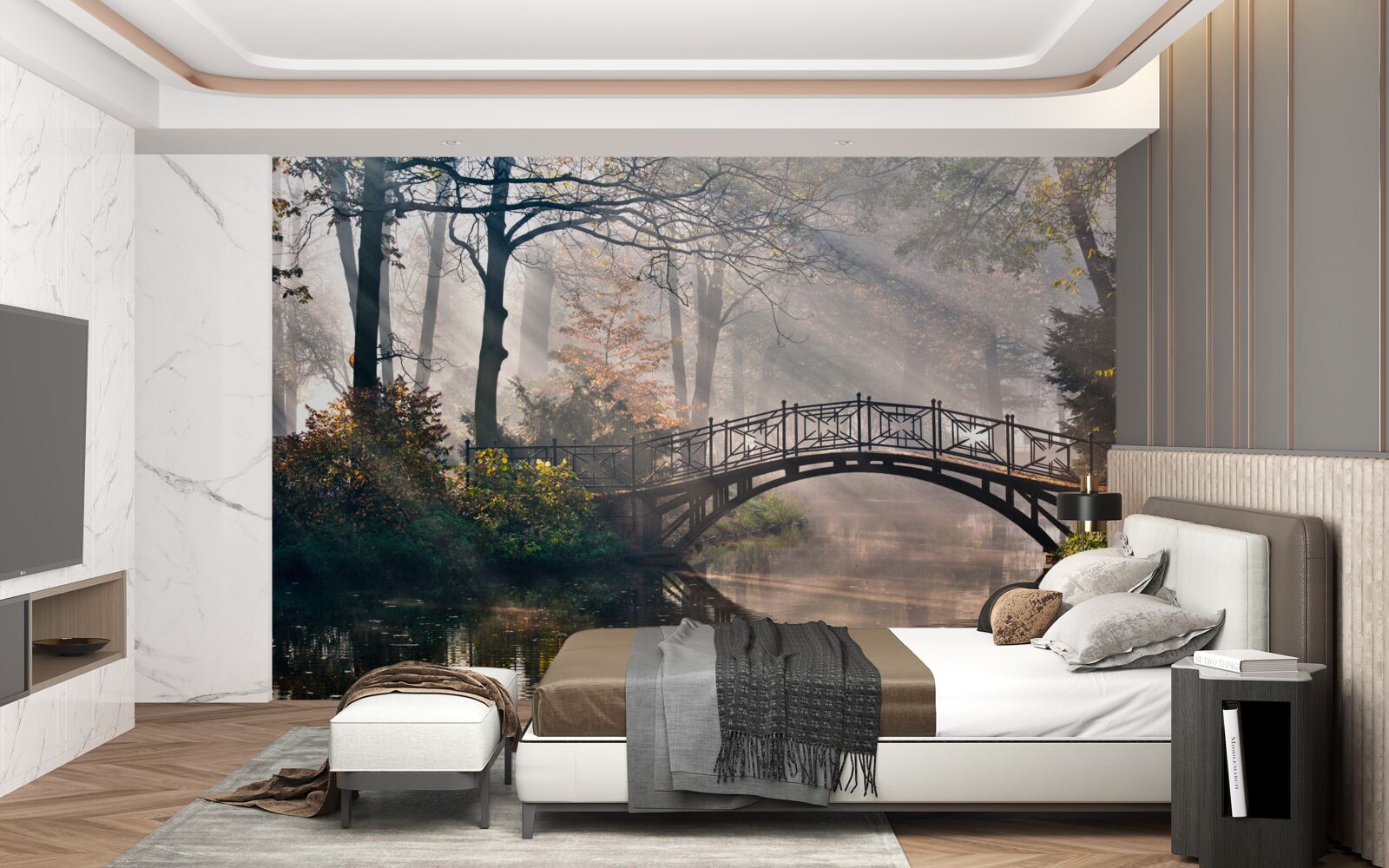 Fototapeta mglisty leśny most rozciągający się nad jeziorem jest wykonany z drewna