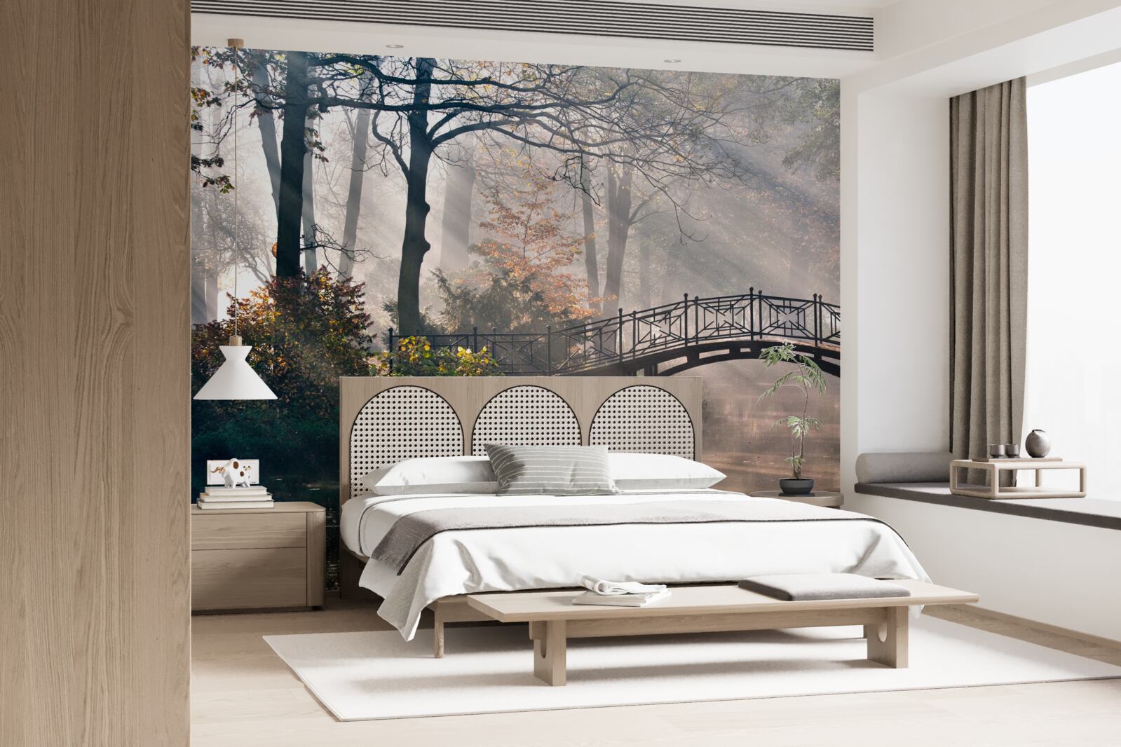 Fototapeta mglisty leśny most rozciągający się nad jeziorem jest wykonany z drewna