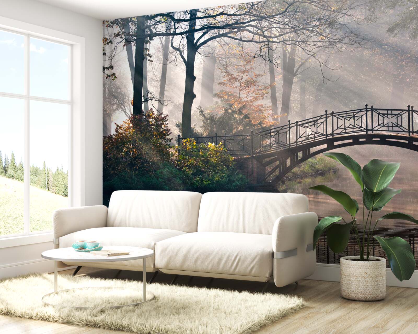 Fototapeta mglisty leśny most rozciągający się nad jeziorem jest wykonany z drewna