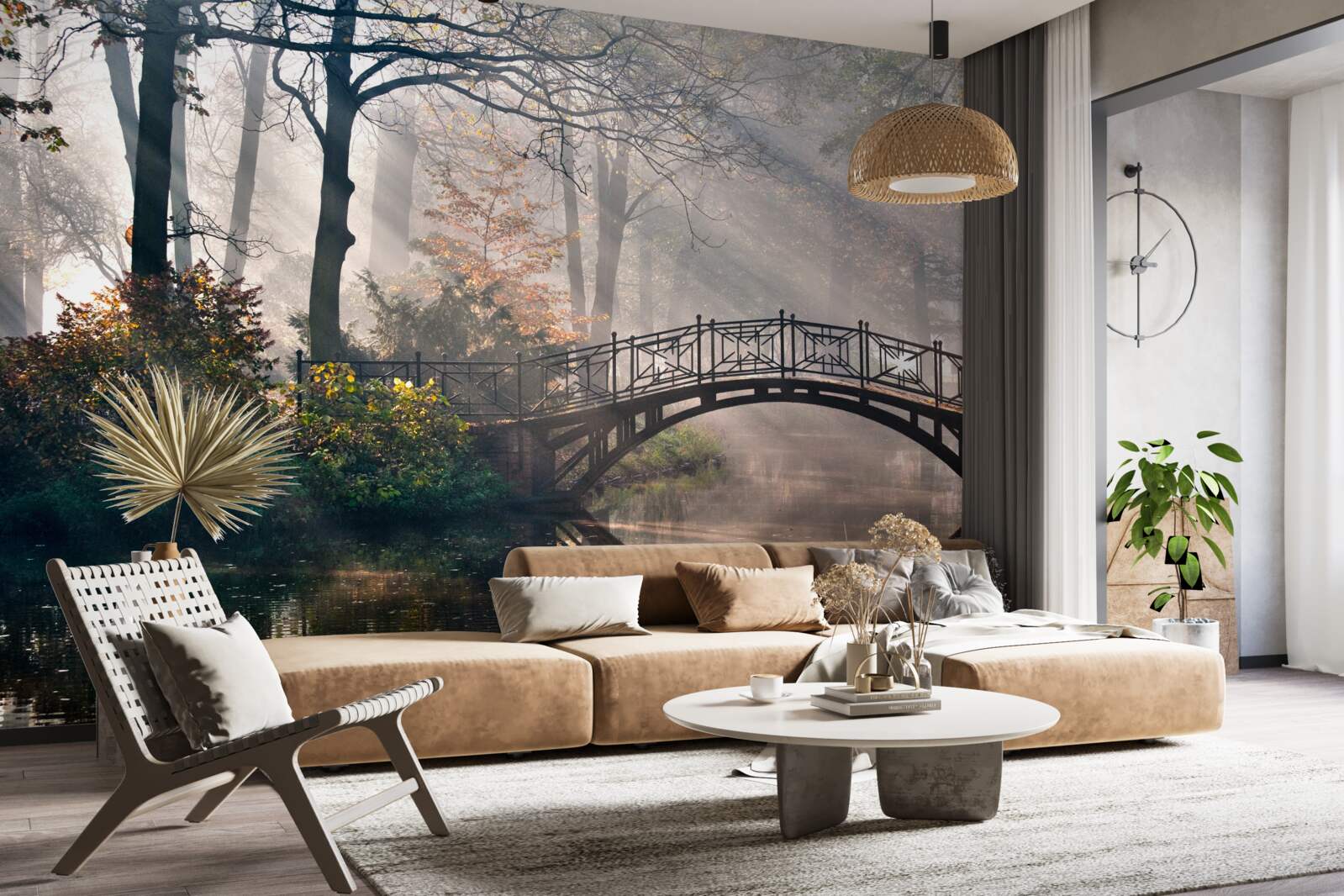 Fototapeta mglisty leśny most rozciągający się nad jeziorem jest wykonany z drewna