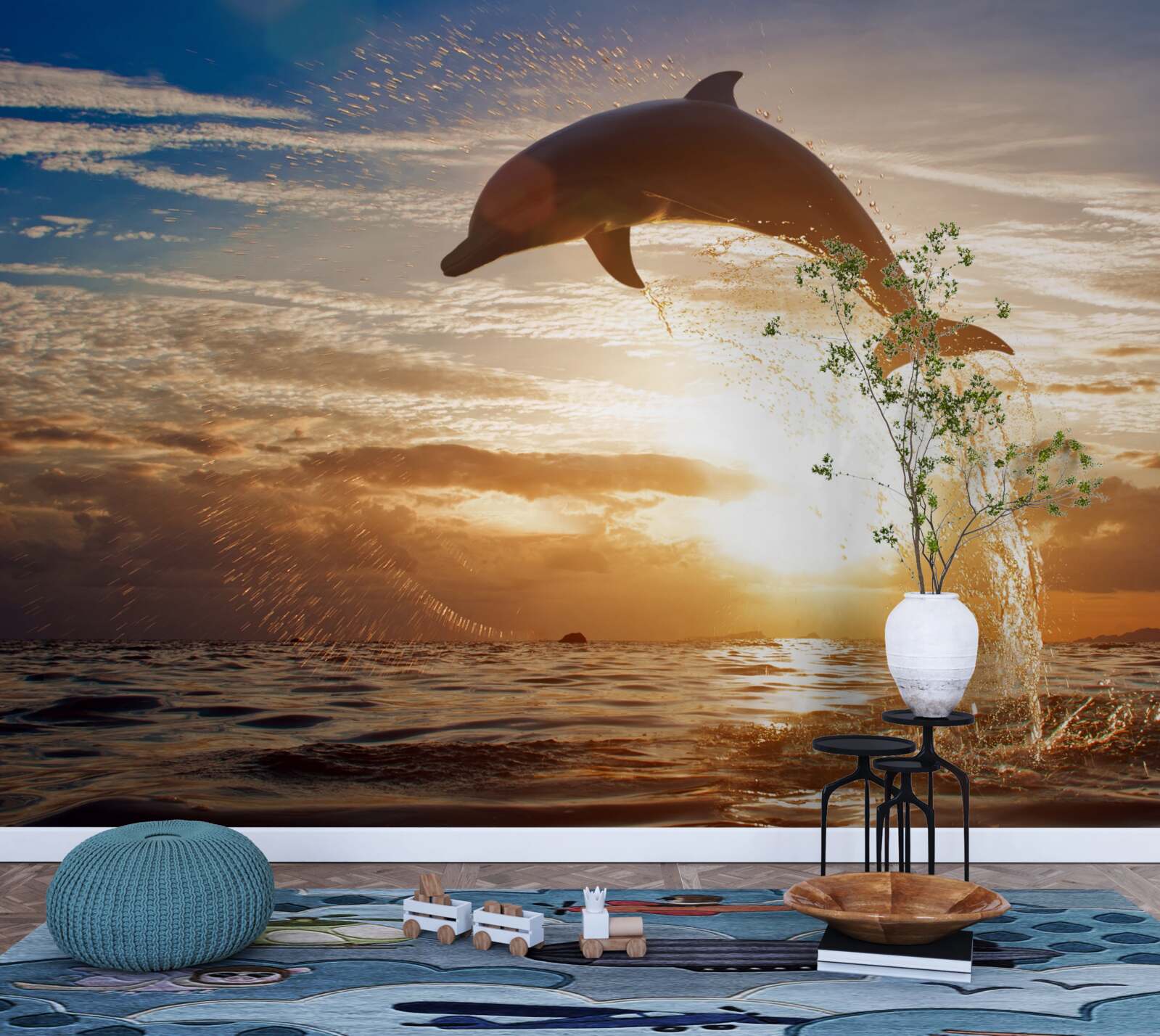 Fototapeta delfin wyskakuje na tle wieczornego zachodu słońca