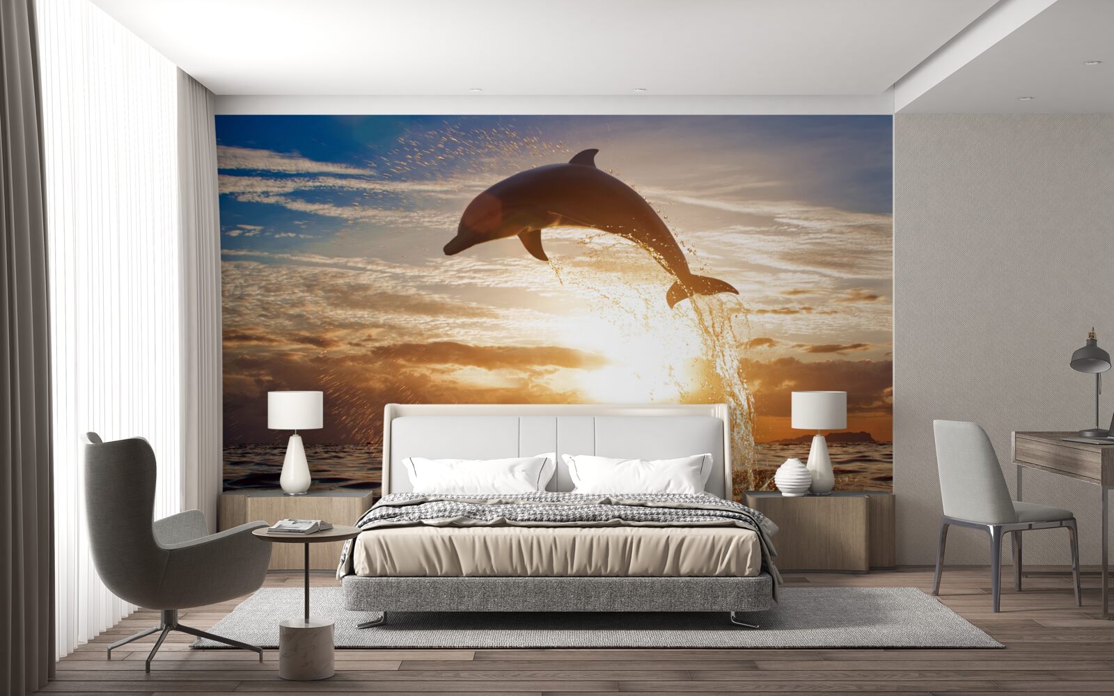 Fototapeta delfin wyskakuje na tle wieczornego zachodu słońca