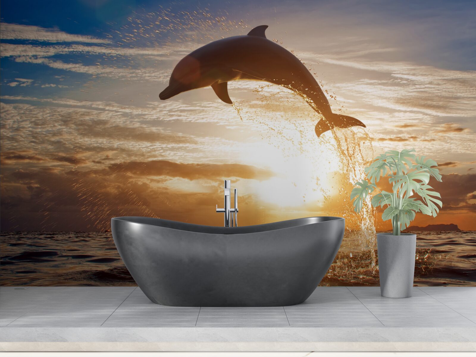 Fototapeta delfin wyskakuje na tle wieczornego zachodu słońca