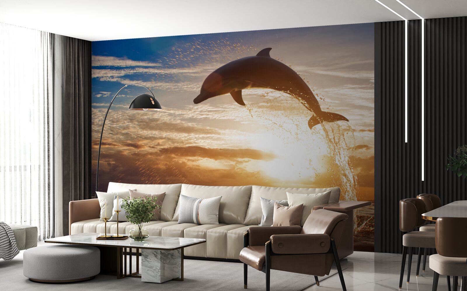 Fototapeta delfin wyskakuje na tle wieczornego zachodu słońca