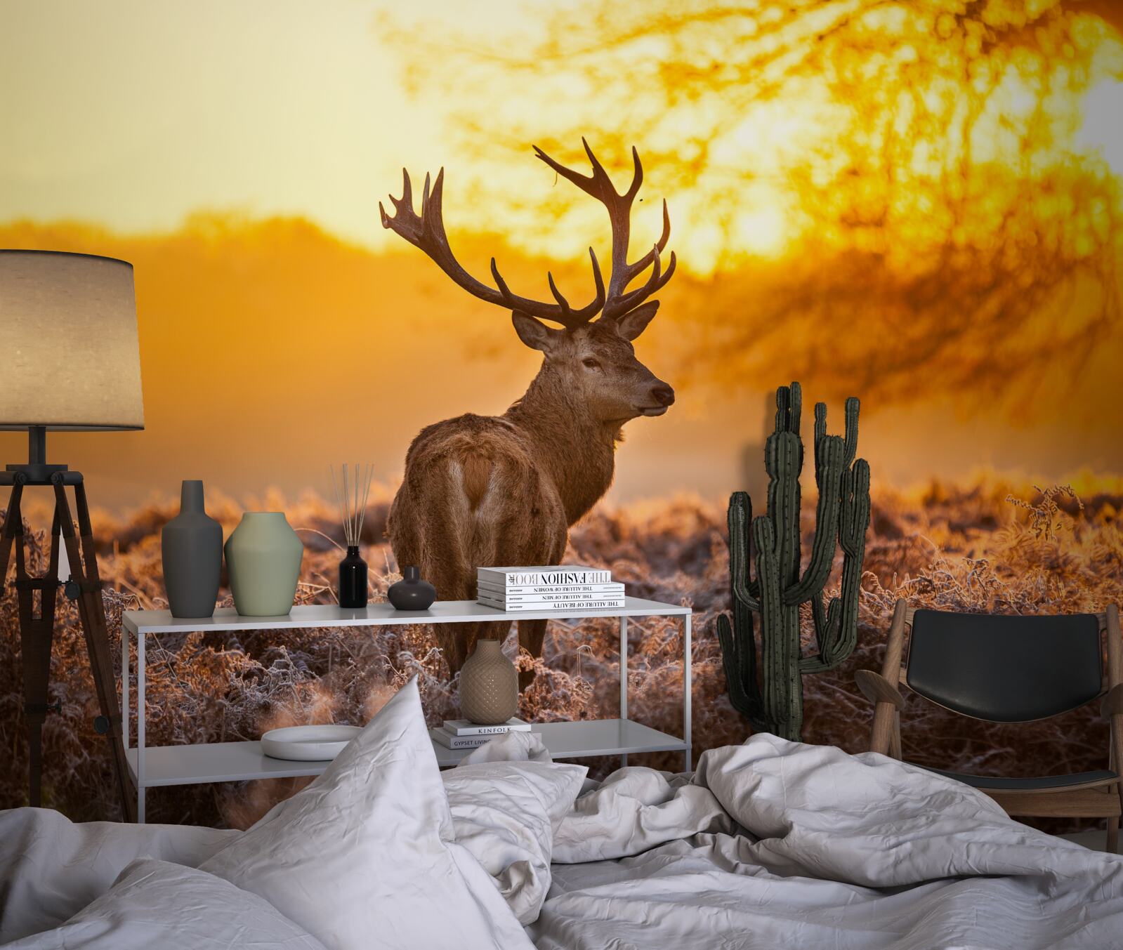 Fototapeta elegancki jeleń towarzyszy świcie na rozległym polu