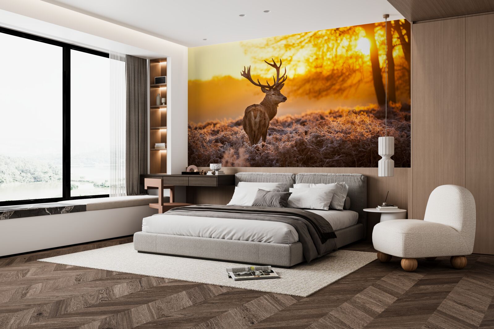 Fototapeta elegancki jeleń towarzyszy świcie na rozległym polu