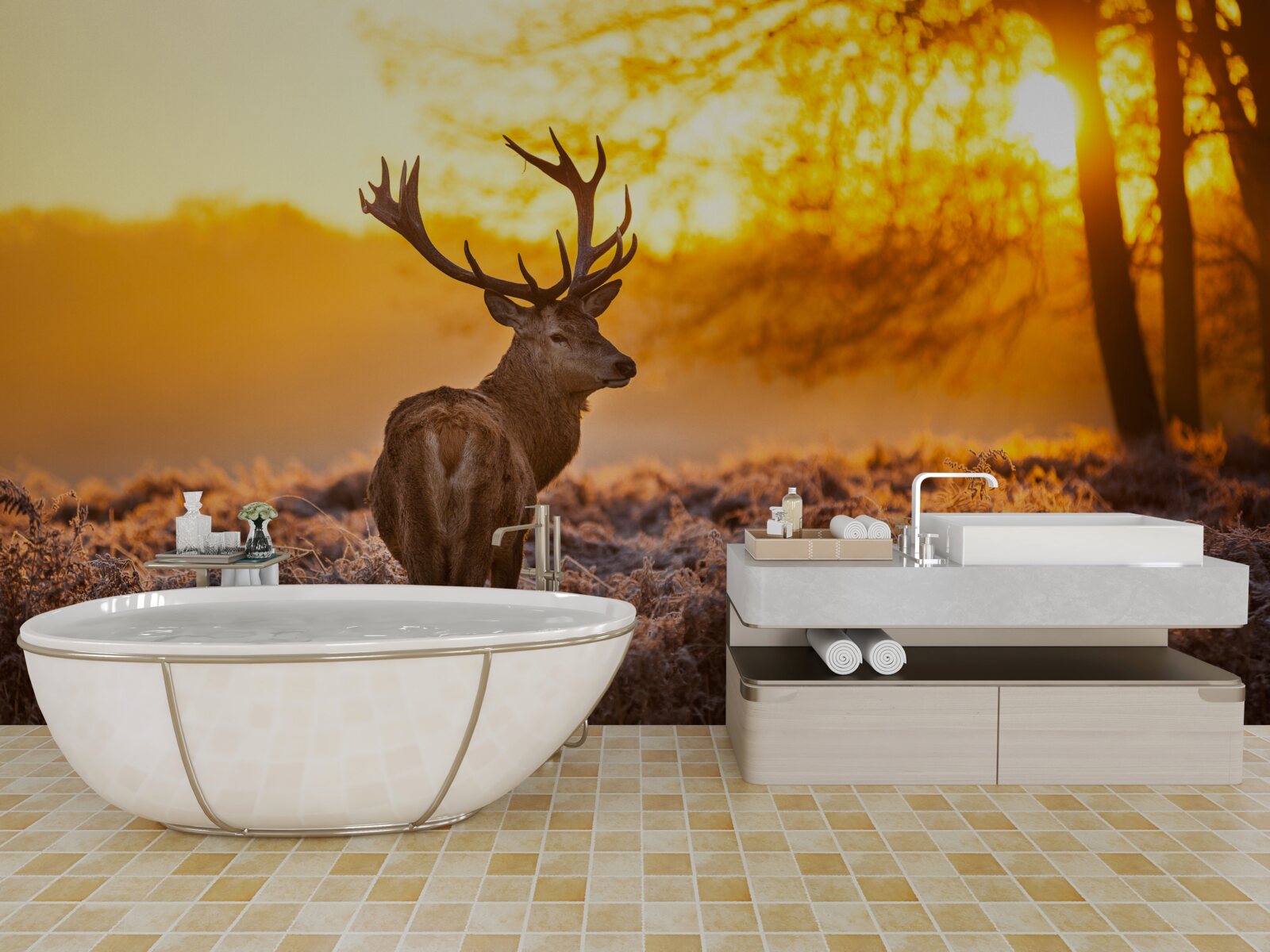 Fototapeta elegancki jeleń towarzyszy świcie na rozległym polu