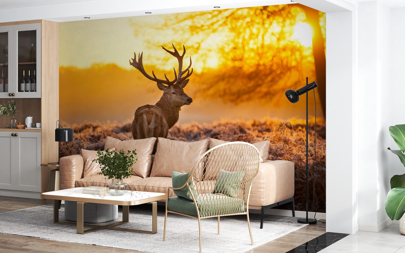 Fototapeta elegancki jeleń towarzyszy świcie na rozległym polu