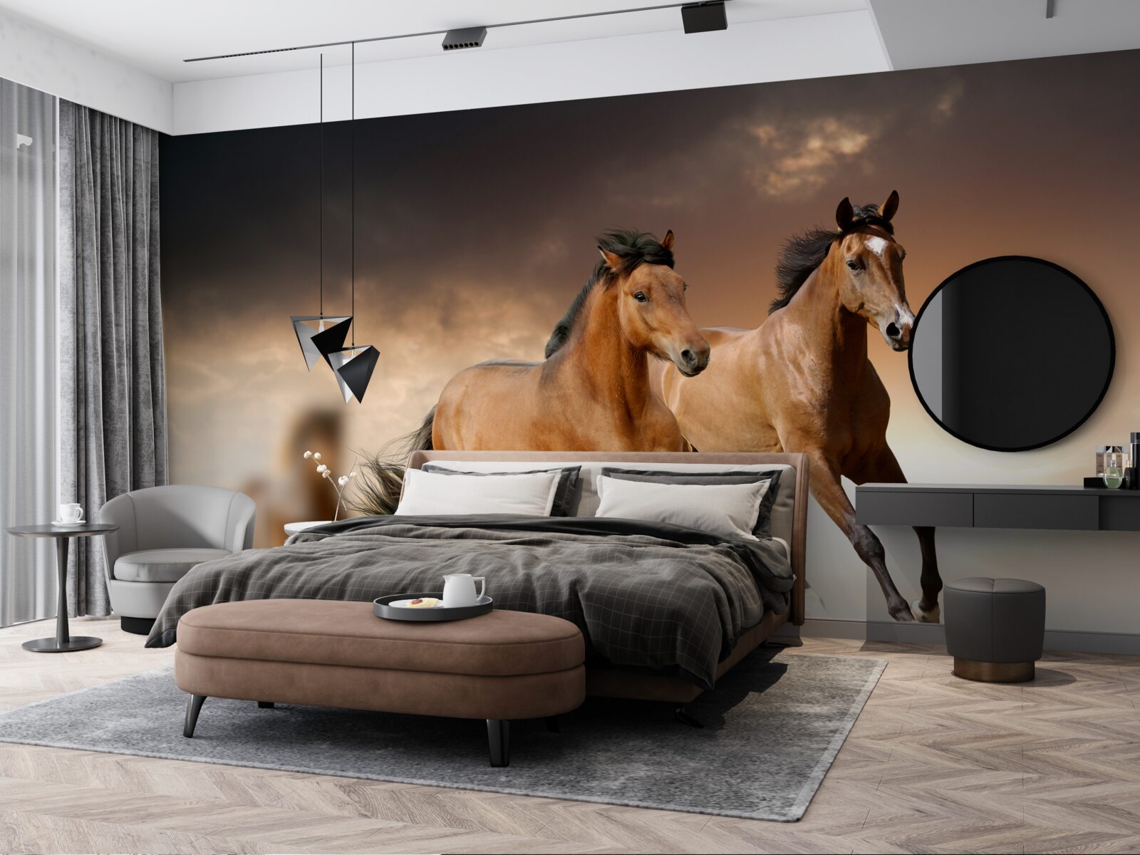 Fototapeta obok siebie pędzą dwa brązowe konie