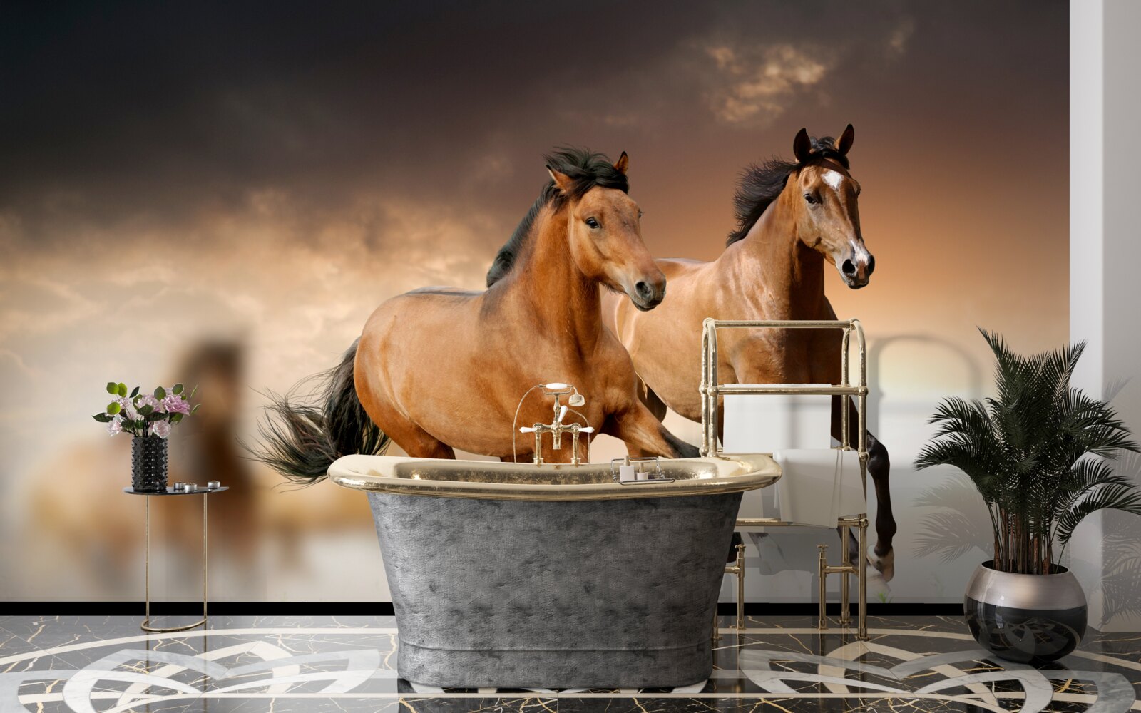 Fototapeta obok siebie pędzą dwa brązowe konie